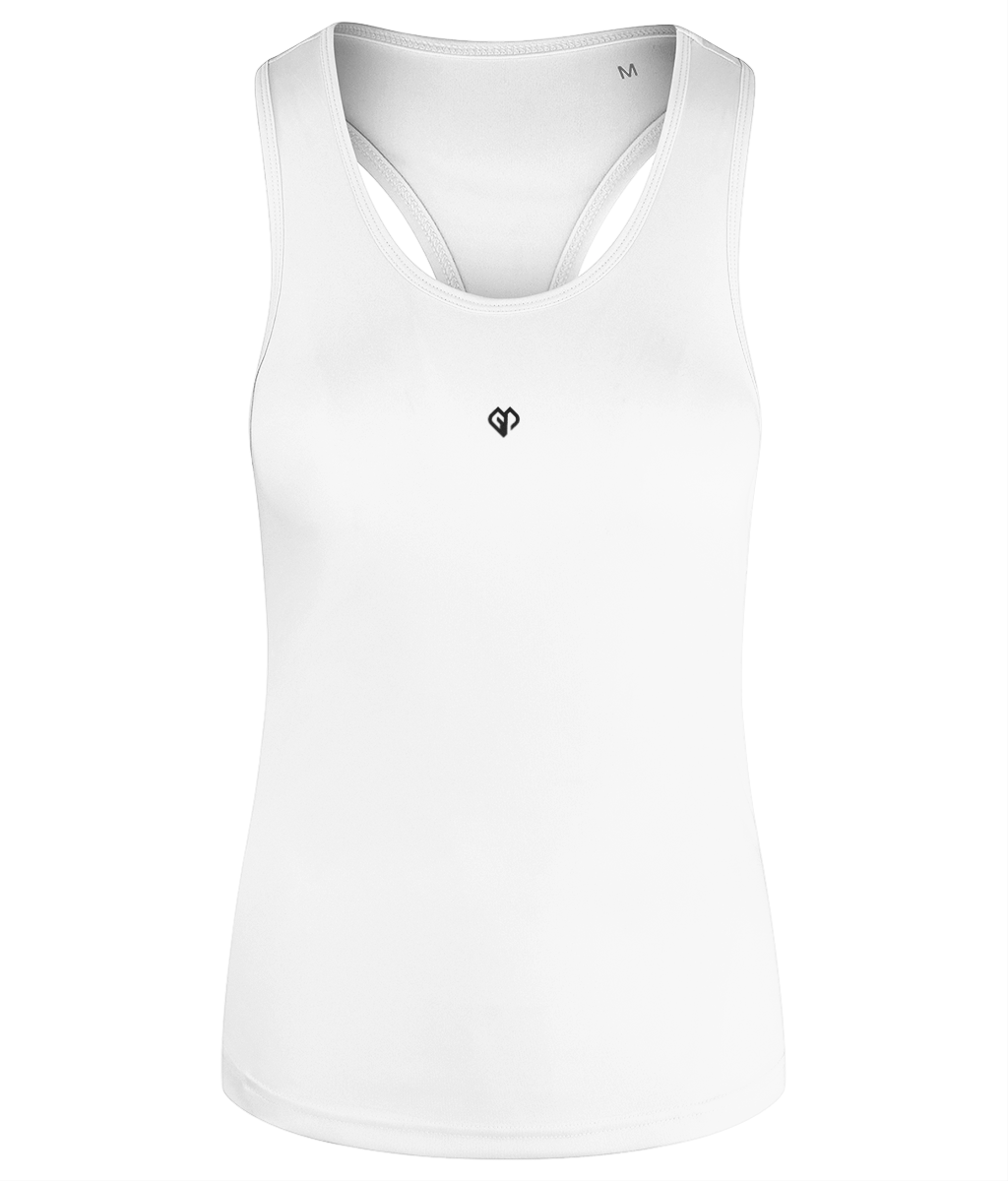 Womens white TriDri® recycled racerback vest with Gymplode icon imprint