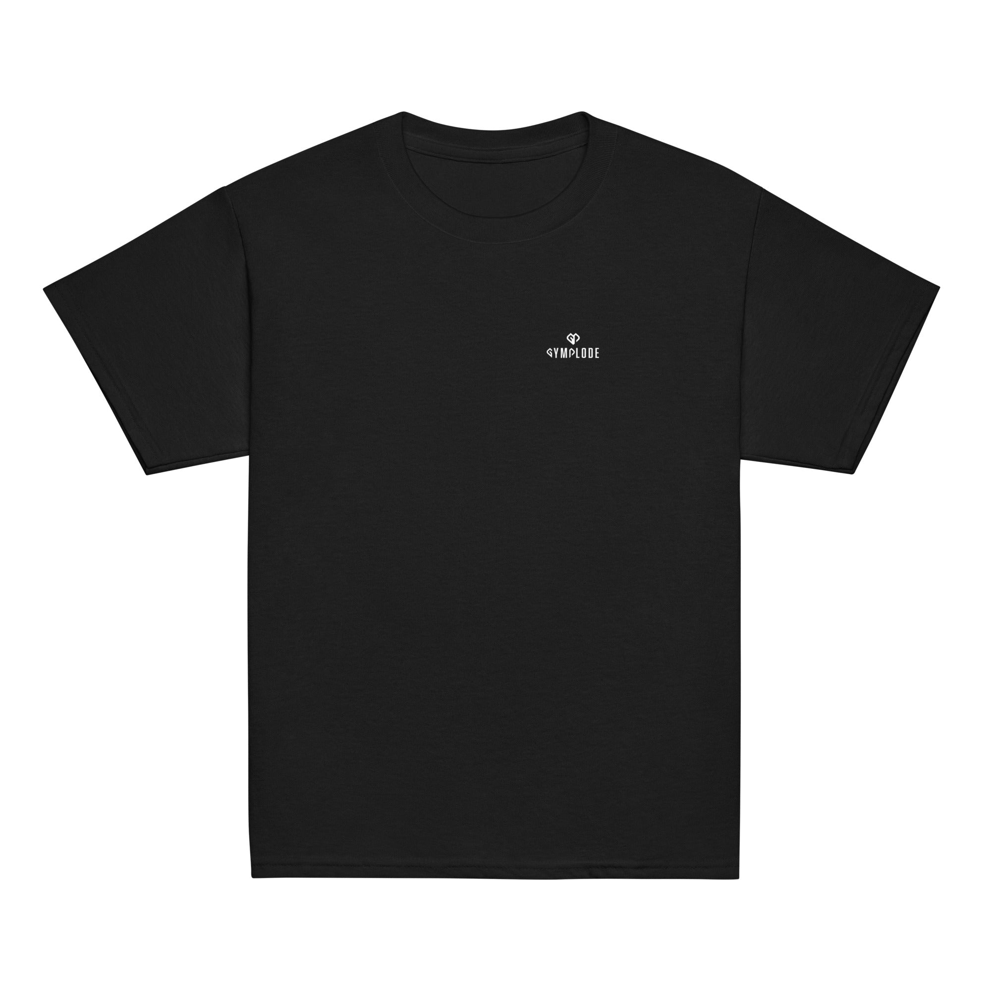 Youth classic fit unisex black t-shirt with Gymplode dual mark imprint