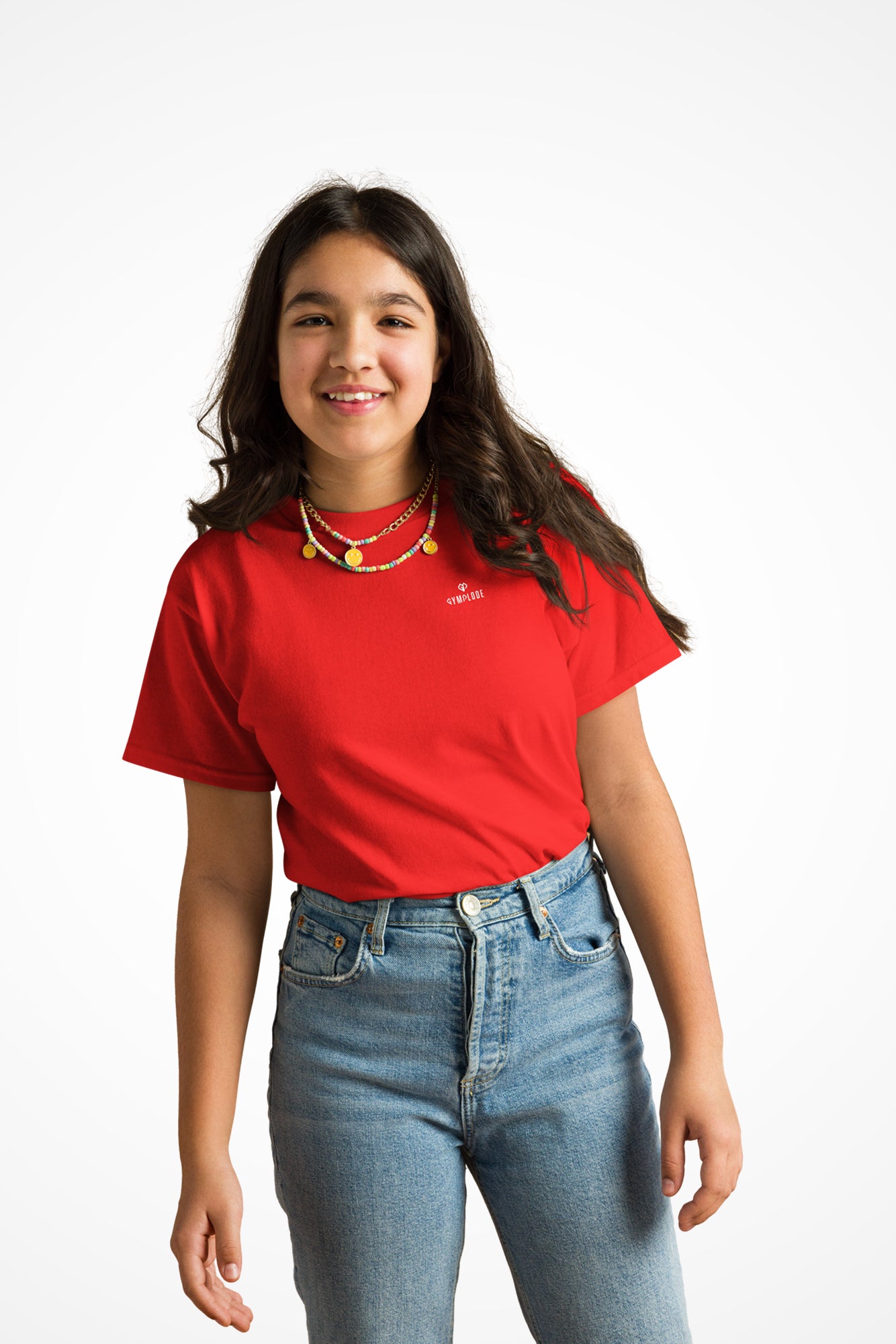 Youth classic fit unisex Gymplode t-shirt with dual mark imprint, front view with model