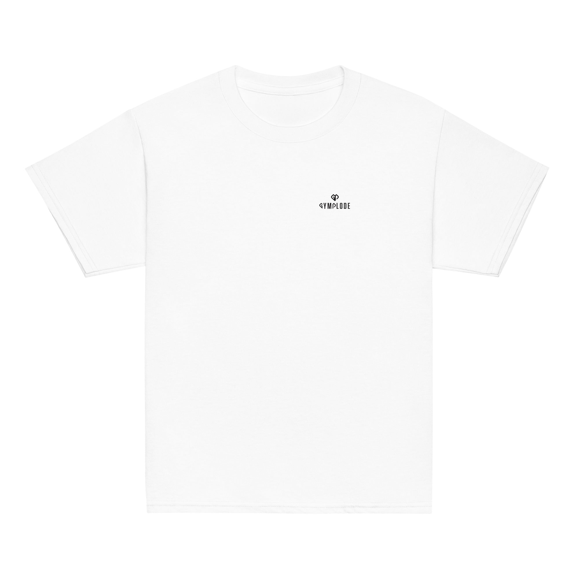 Youth classic fit unisex white t-shirt with Gymplode dual mark imprint