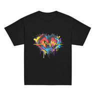 Youth hipster unisex black Gymplode t-shirt with vibrant icon logo