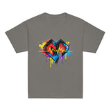 Youth hipster unisex charcoal Gymplode t-shirt with vibrant icon logo