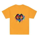 Youth hipster unisex gold Gymplode t-shirt with vibrant icon logo