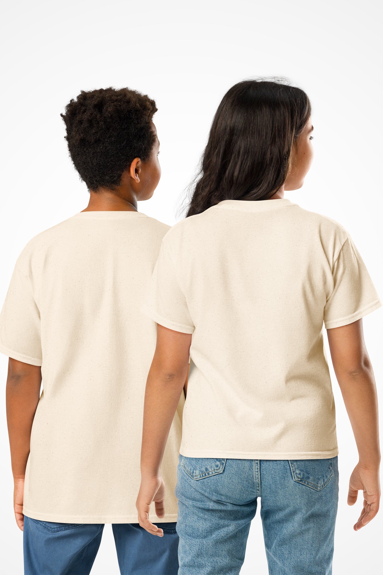 Youth hipster unisex Gymplode t-shirt with no print, back view with model
