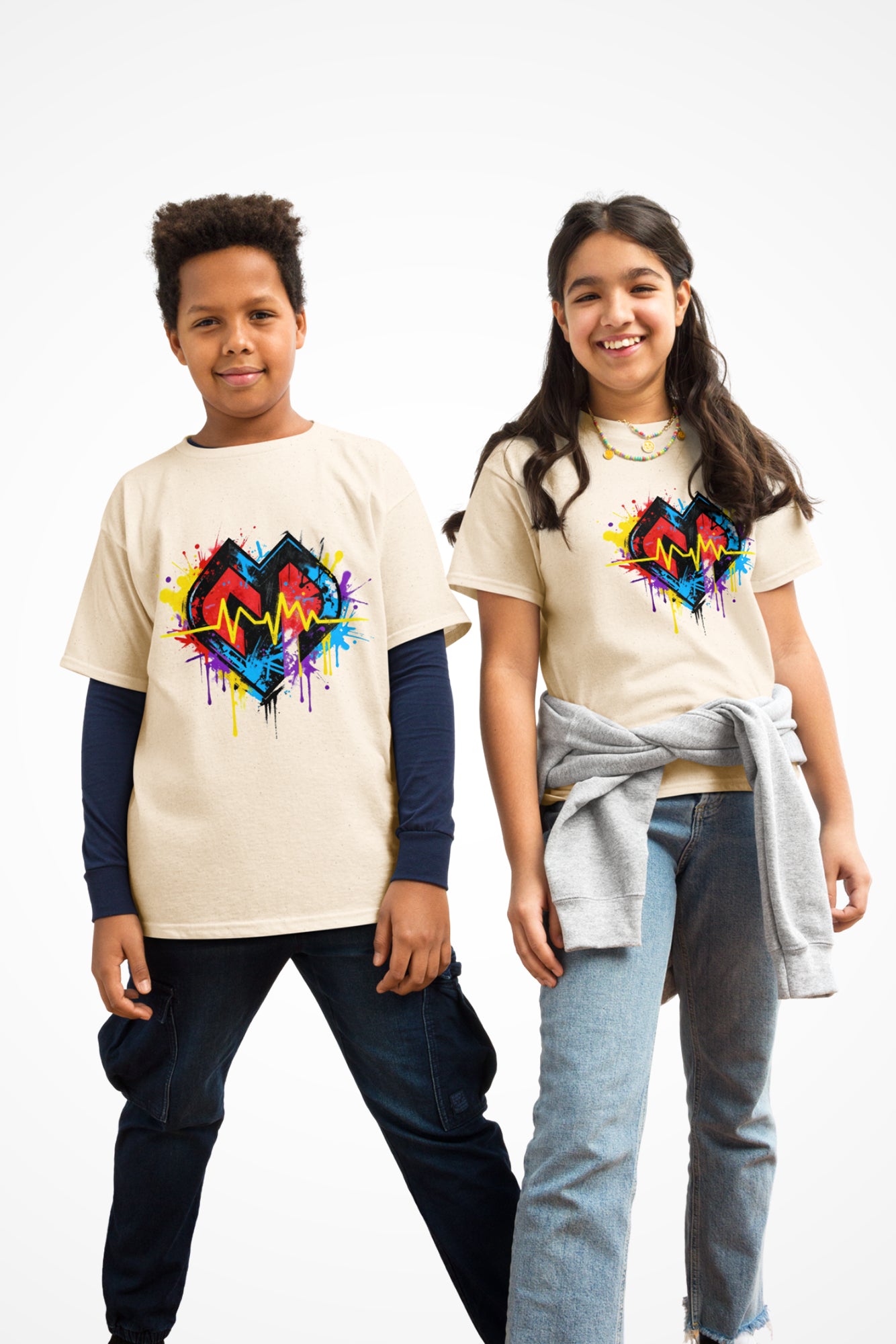 Youth hipster unisex Gymplode t-shirt with vibrant icon logo, front view with model