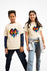 Youth hipster unisex Gymplode t-shirt with vibrant icon logo, front view with model