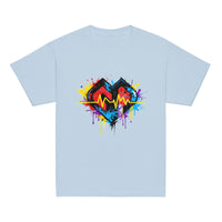 Youth hipster unisex light blue Gymplode t-shirt with vibrant icon logo