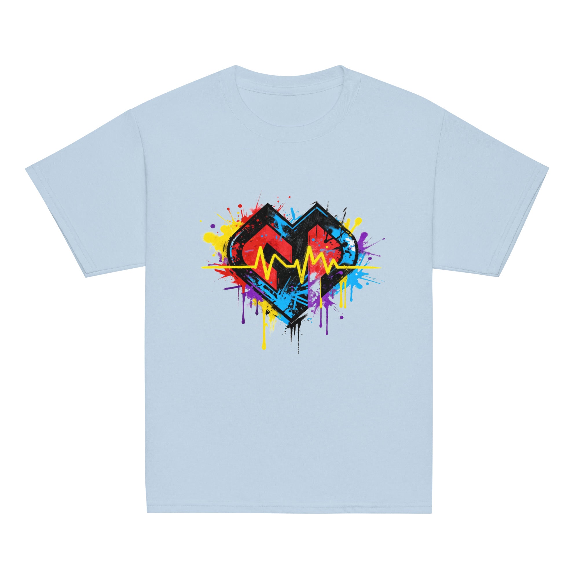 Youth hipster unisex light blue Gymplode t-shirt with vibrant icon logo