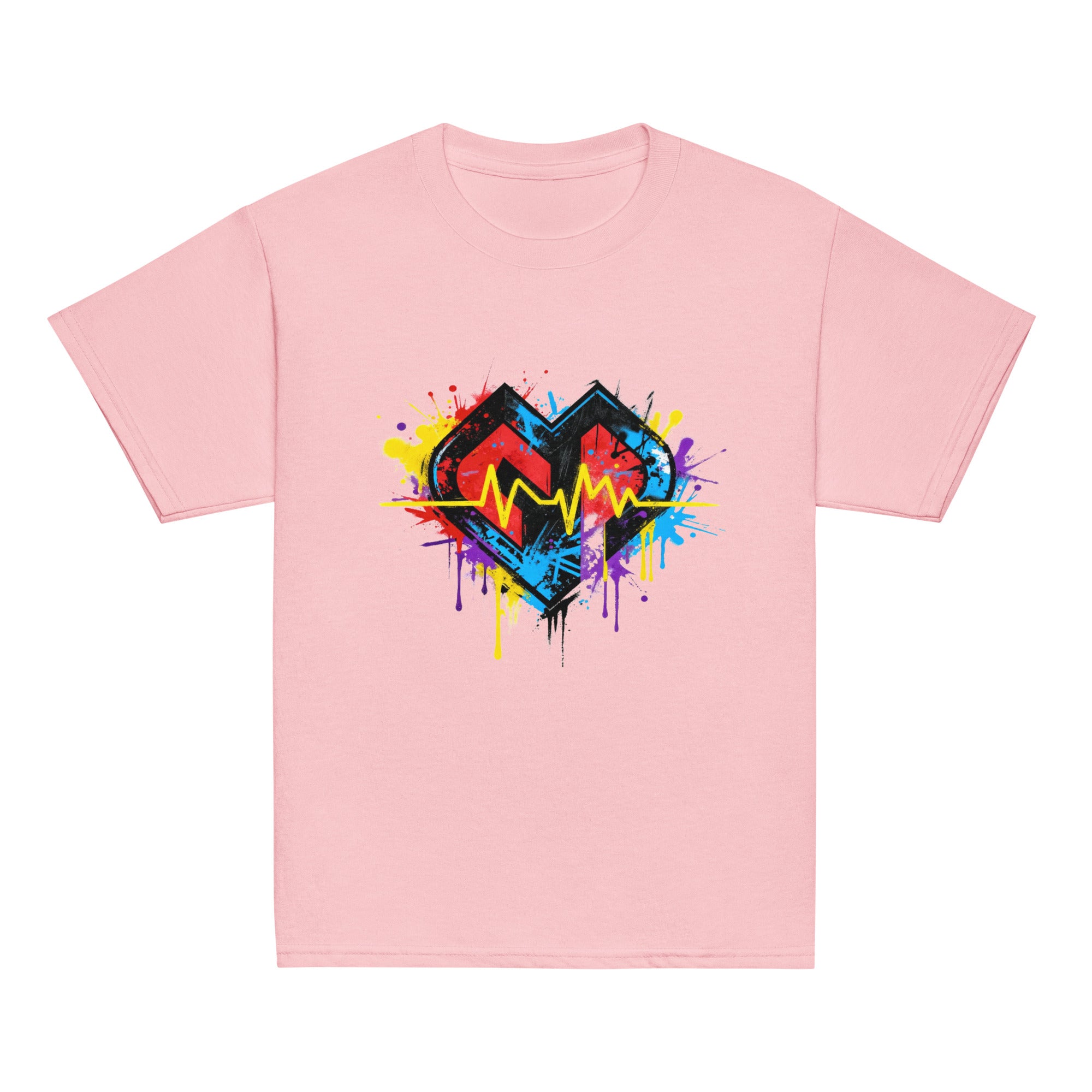 Youth hipster unisex light pink Gymplode t-shirt with vibrant icon logo