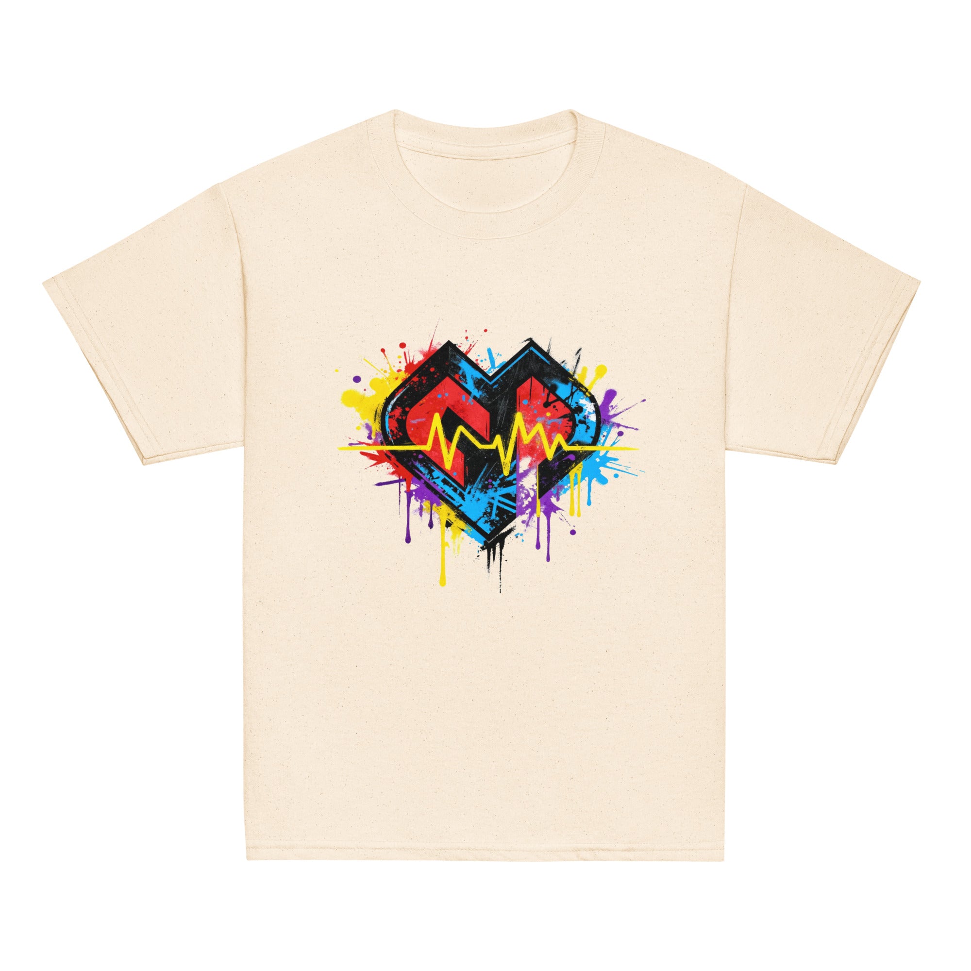 Youth hipster unisex natural Gymplode t-shirt with vibrant icon logo