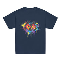 Youth hipster unisex navy Gymplode t-shirt with vibrant icon logo