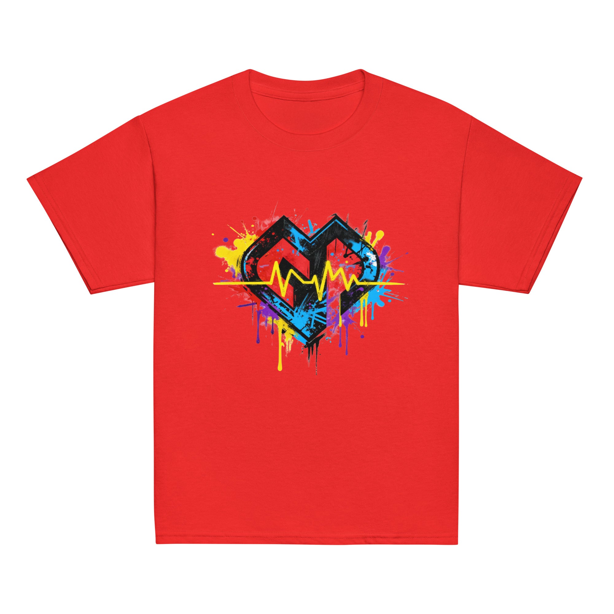 Youth hipster unisex red Gymplode t-shirt with vibrant icon logo