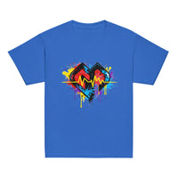 Youth hipster unisex royal Gymplode t-shirt with vibrant icon logo