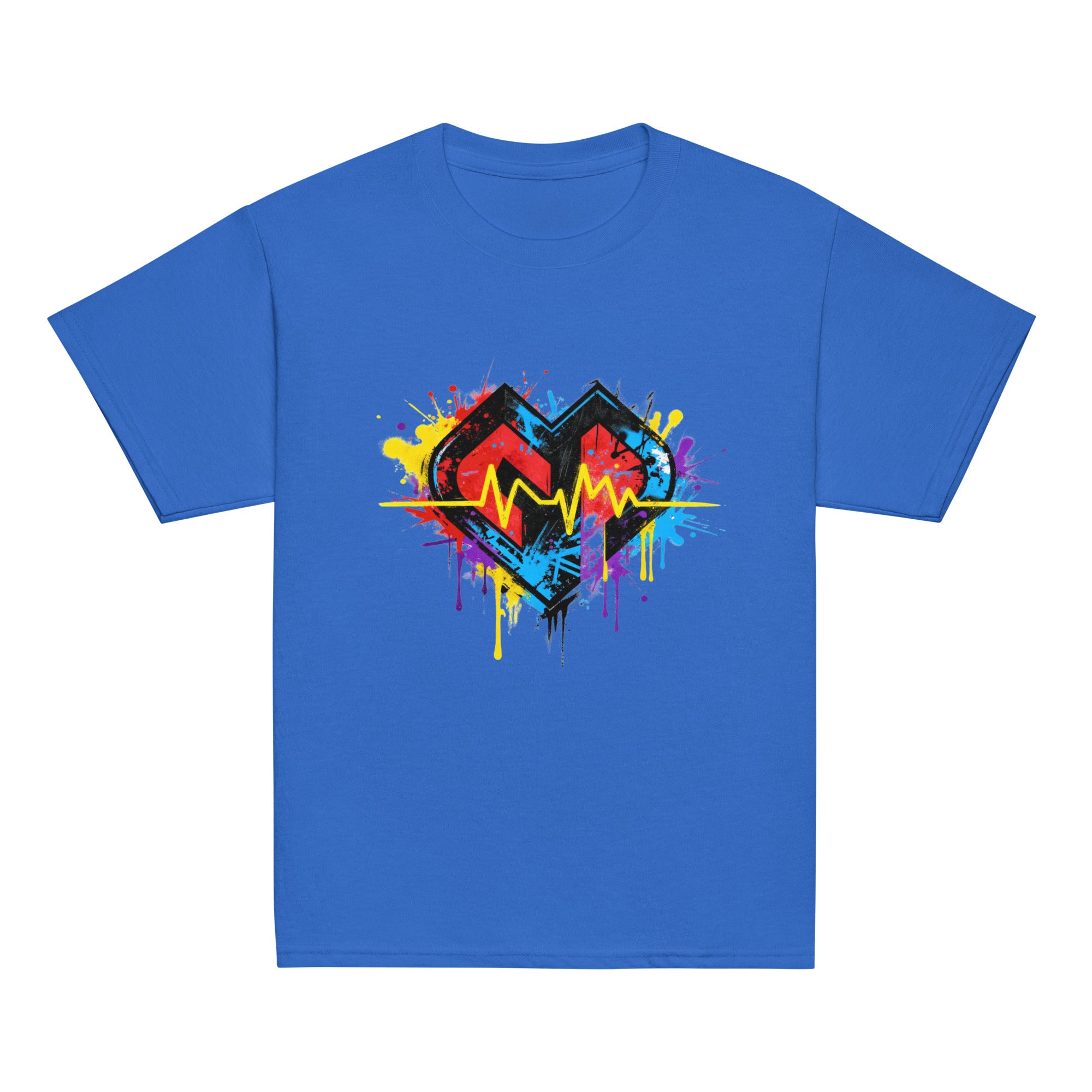 Youth hipster unisex royal Gymplode t-shirt with vibrant icon logo