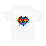 Youth hipster unisex white Gymplode t-shirt with vibrant icon logo