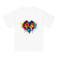Youth hipster unisex white Gymplode t-shirt with vibrant icon logo