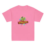 Youth unisex azalea Gymplode t-shirt with signature logo, front view