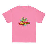 Youth unisex azalea Gymplode t-shirt with signature logo, front view