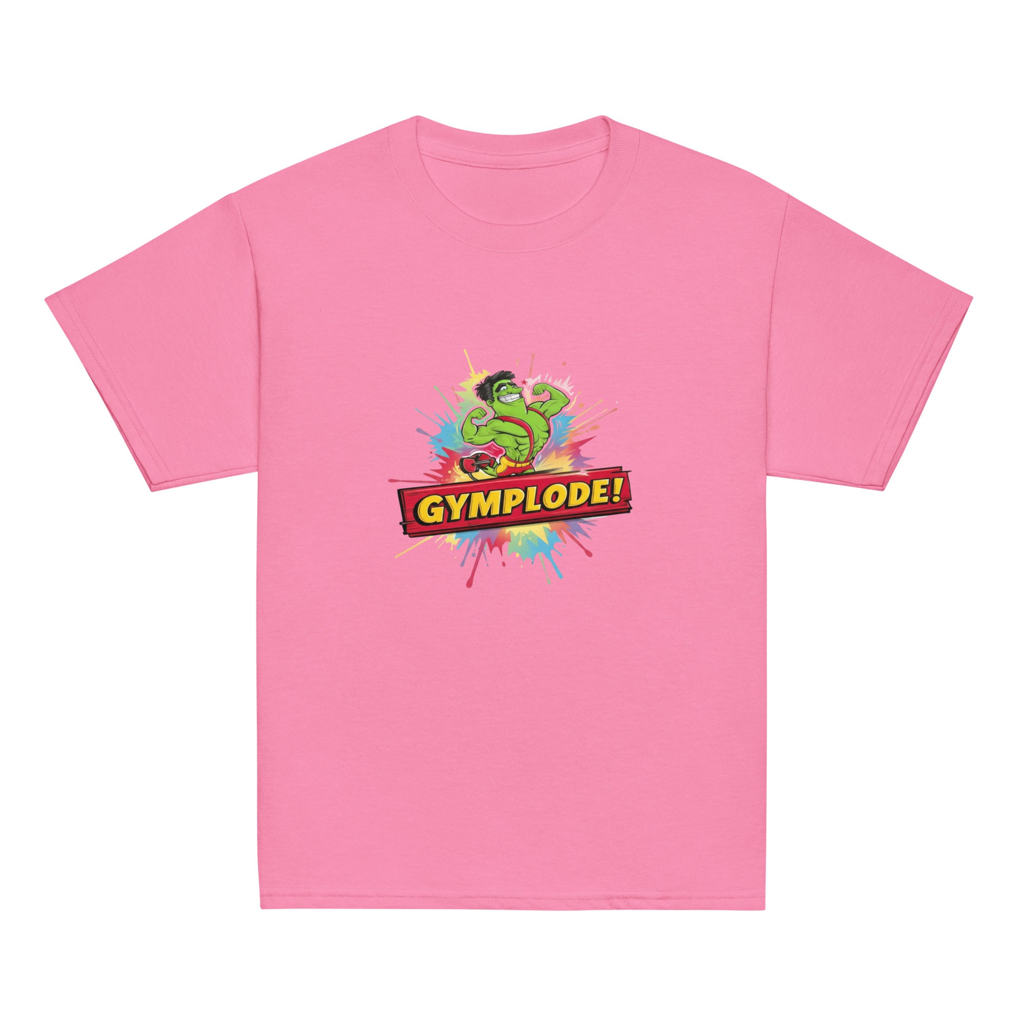 Youth unisex azalea Gymplode t-shirt with signature logo, front view
