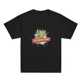 Youth unisex black Gymplode t-shirt with signature logo, front view