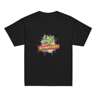 Youth unisex black Gymplode t-shirt with signature logo, front view