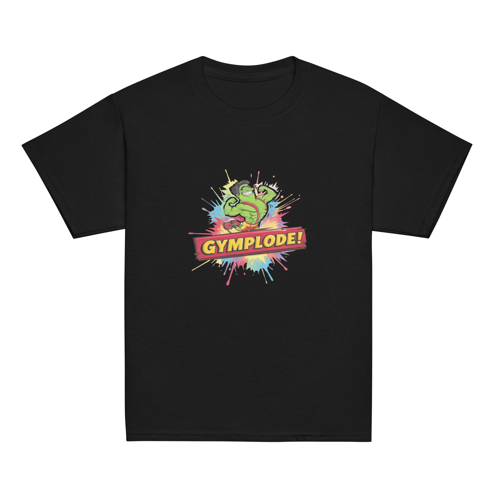 Youth unisex black Gymplode t-shirt with signature logo, front view