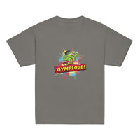 Youth unisex charcoal Gymplode t-shirt with signature logo, front view