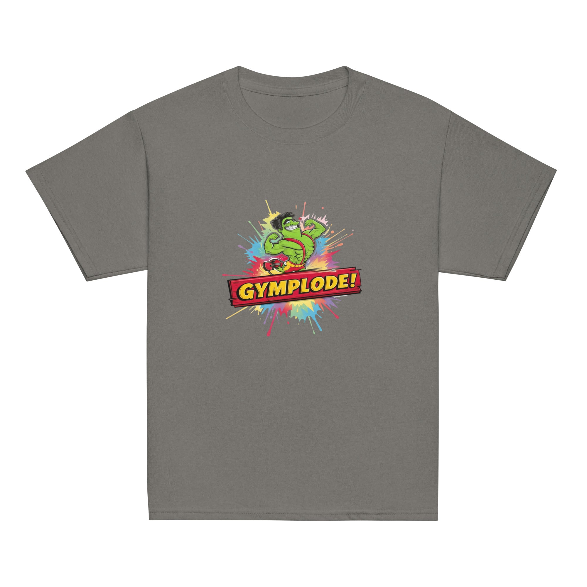 Youth unisex charcoal Gymplode t-shirt with signature logo, front view