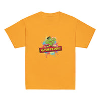 Youth unisex gold Gymplode t-shirt with signature logo, front view