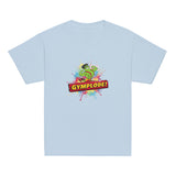 Youth unisex light blue Gymplode t-shirt with signature logo, front view
