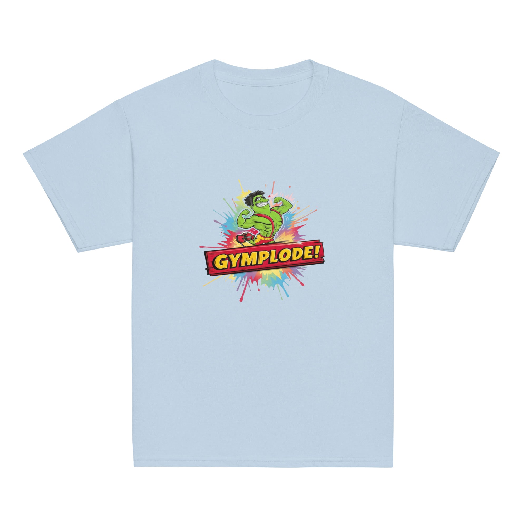 Youth unisex light blue Gymplode t-shirt with signature logo, front view