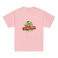 Youth unisex light pink Gymplode t-shirt with signature logo, front view