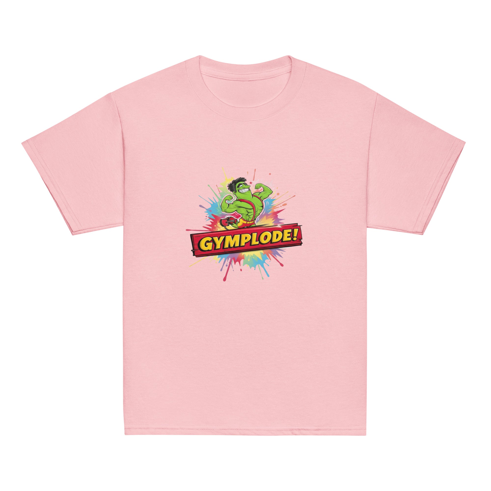 Youth unisex light pink Gymplode t-shirt with signature logo, front view