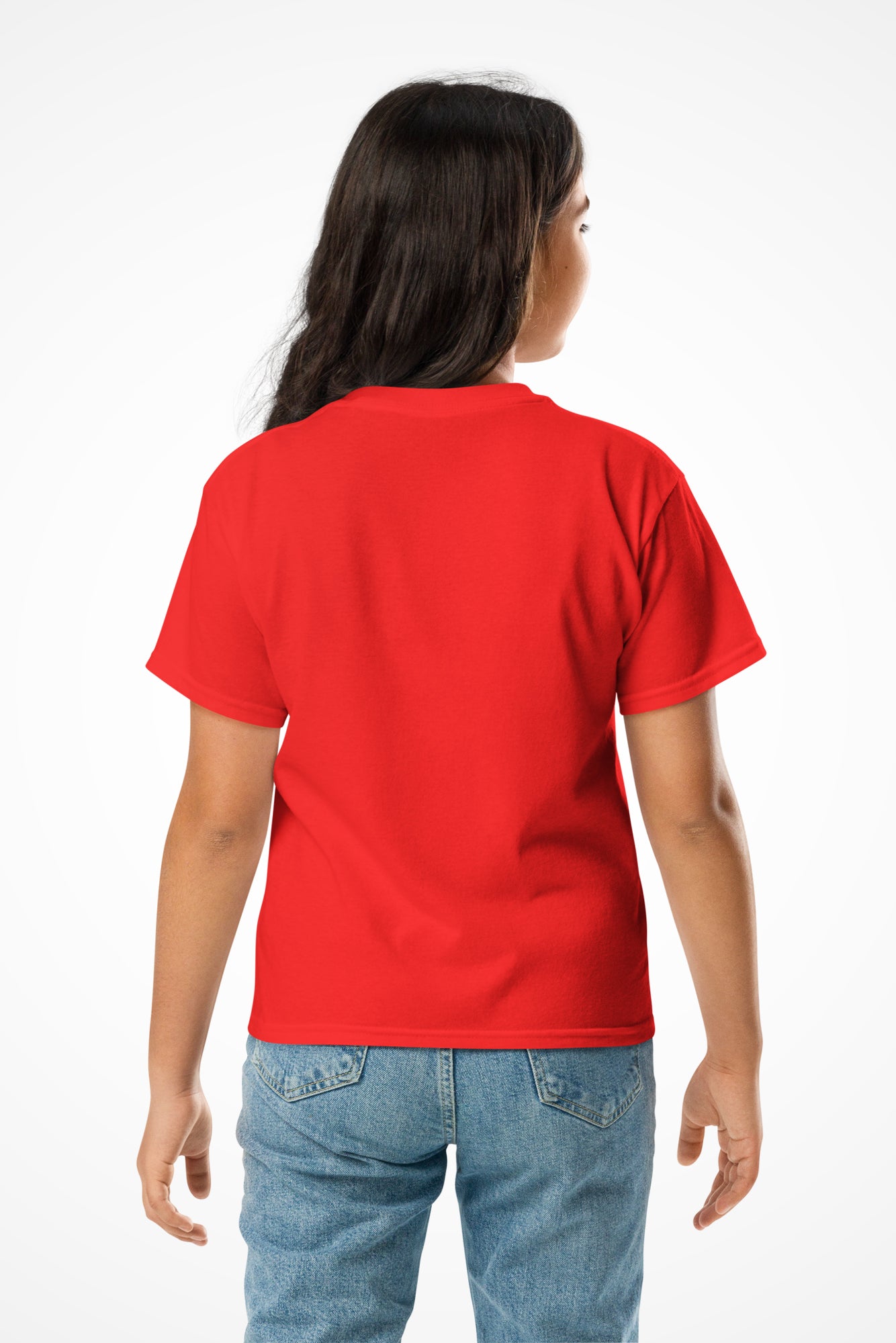 Youth unisex Mighty Green Gymplode t-shirt with no print, back view with model