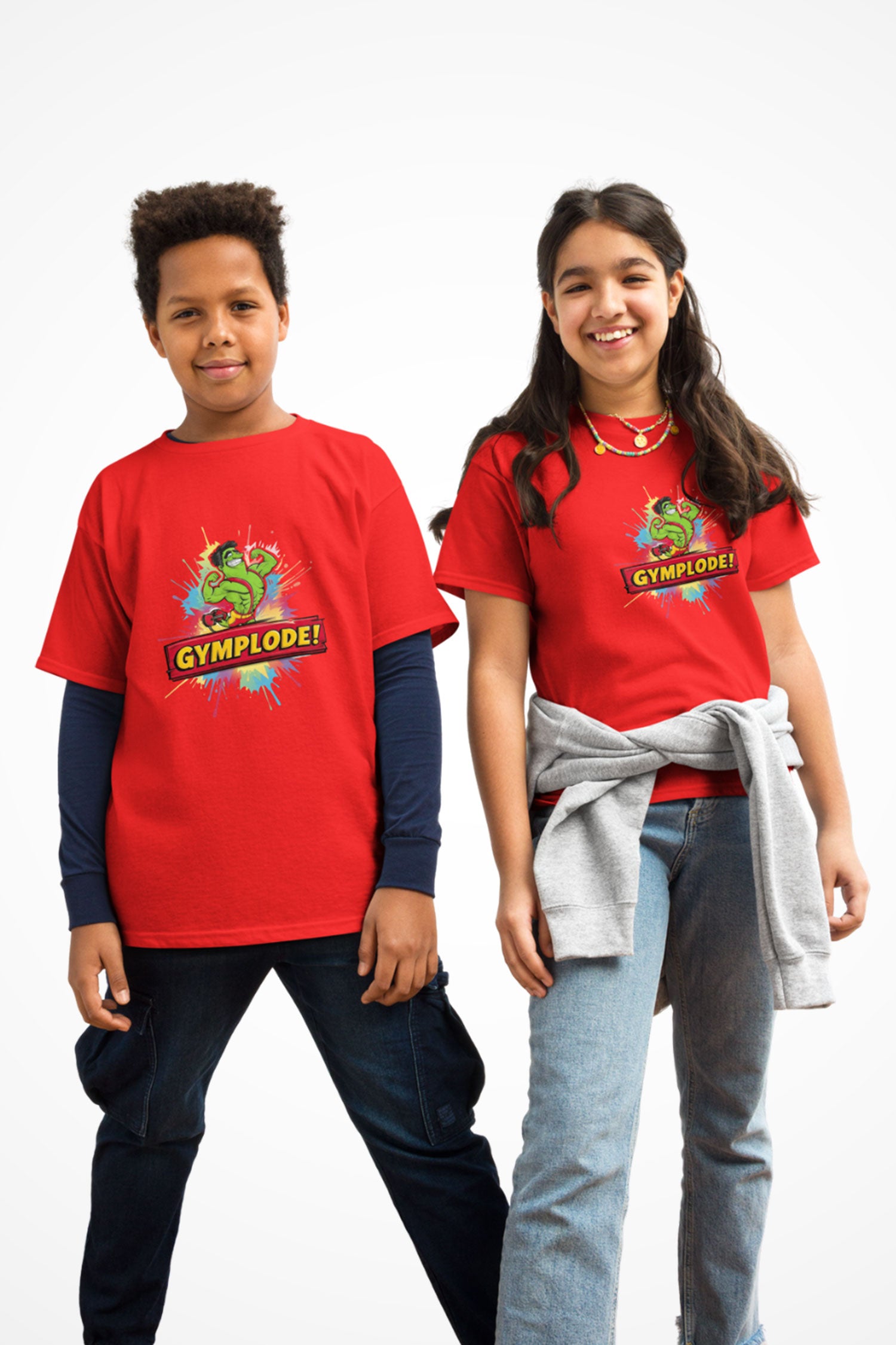 Youth unisex Mighty Green Gymplode t-shirt with signature logo, front view with model