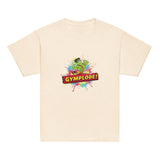Youth unisex natural Gymplode t-shirt with signature logo, front view