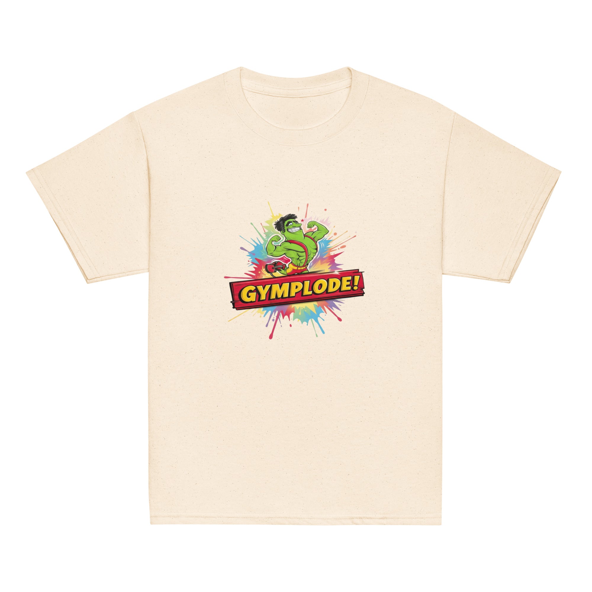 Youth unisex natural Gymplode t-shirt with signature logo, front view