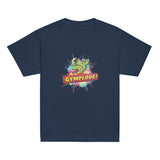 Youth unisex navy Gymplode t-shirt with signature logo, front view