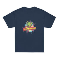 Youth unisex navy Gymplode t-shirt with signature logo, front view