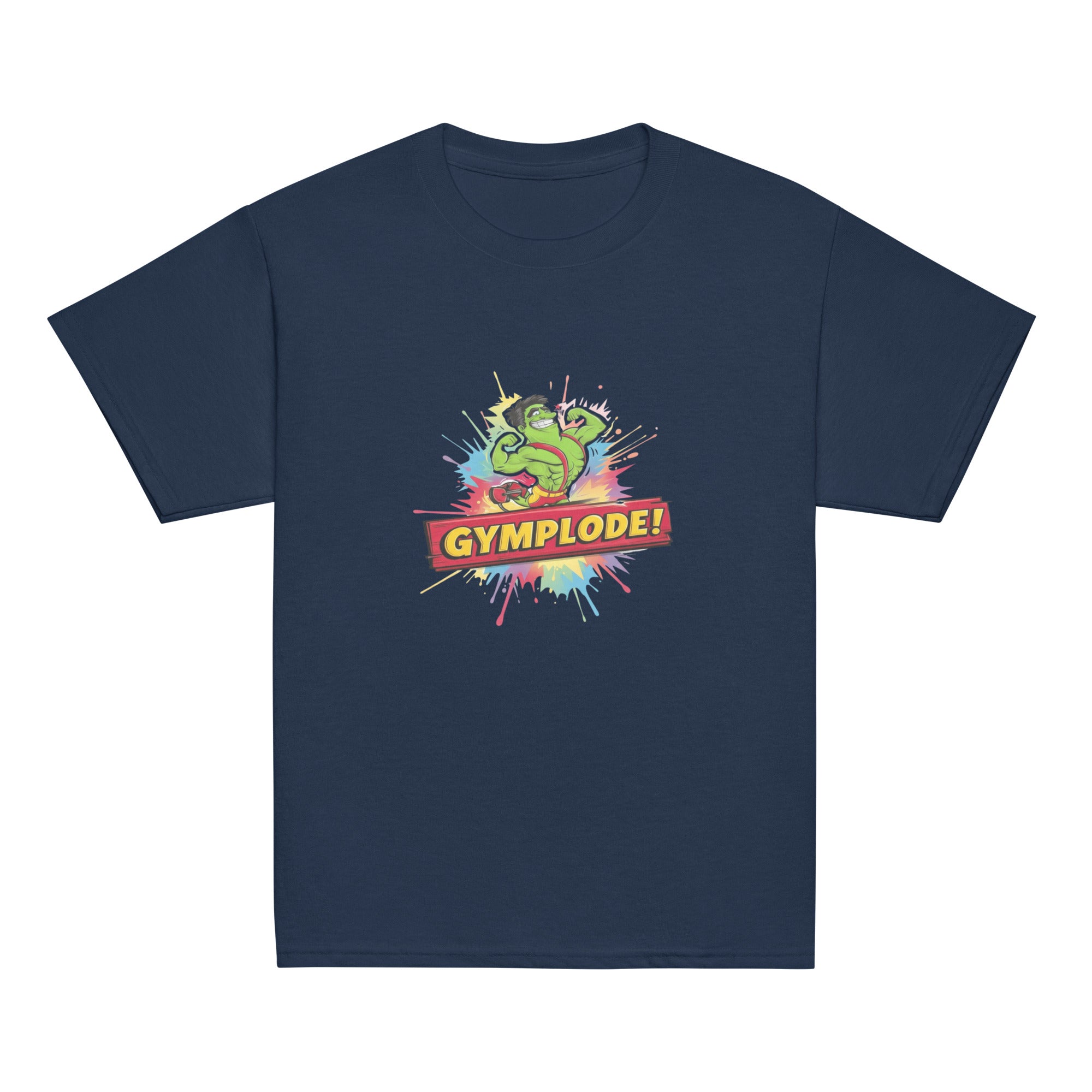 Youth unisex navy Gymplode t-shirt with signature logo, front view