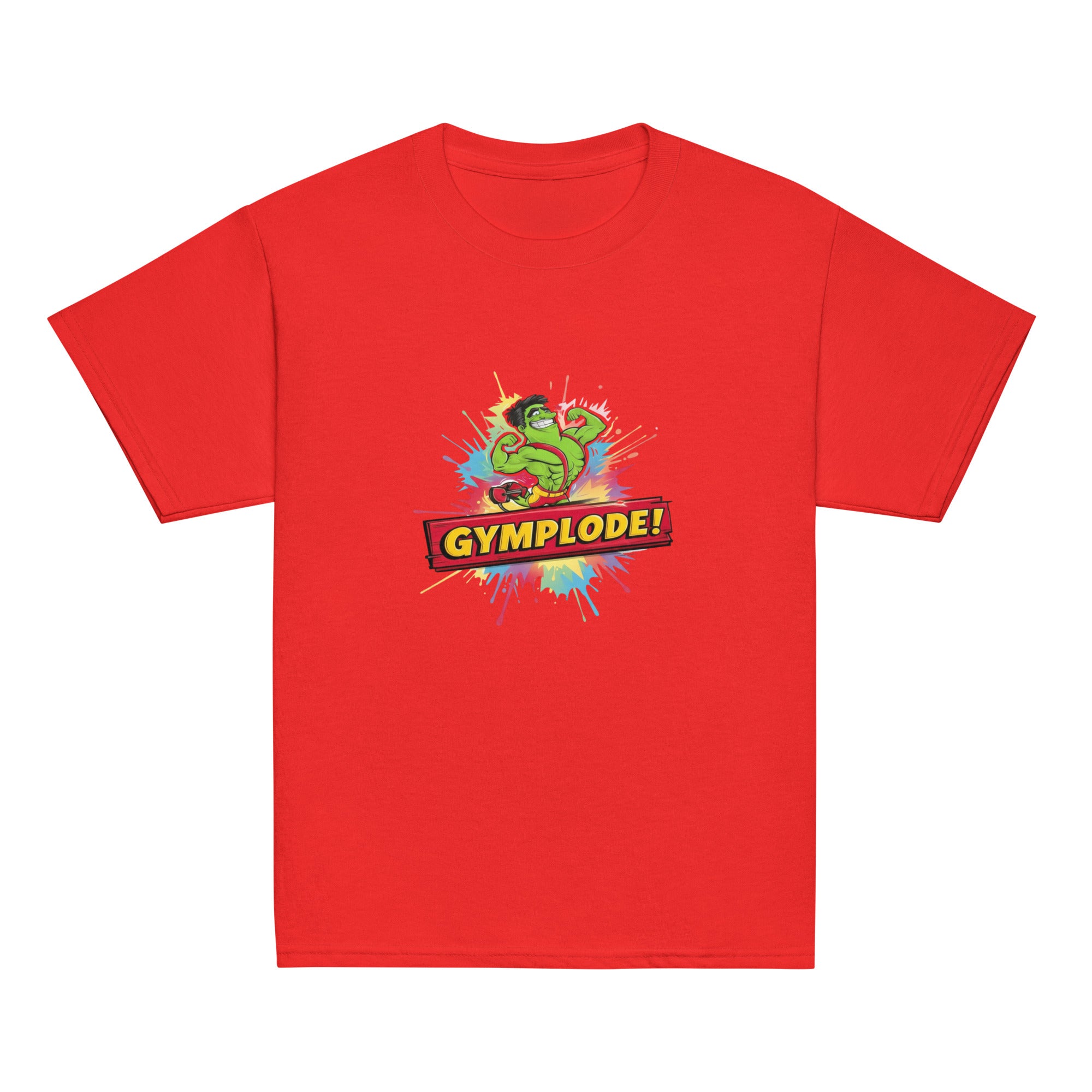 Youth unisex red Gymplode t-shirt with signature logo, front view