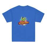 Youth unisex royal Gymplode t-shirt with signature logo, front view