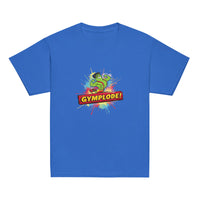 Youth unisex royal Gymplode t-shirt with signature logo, front view