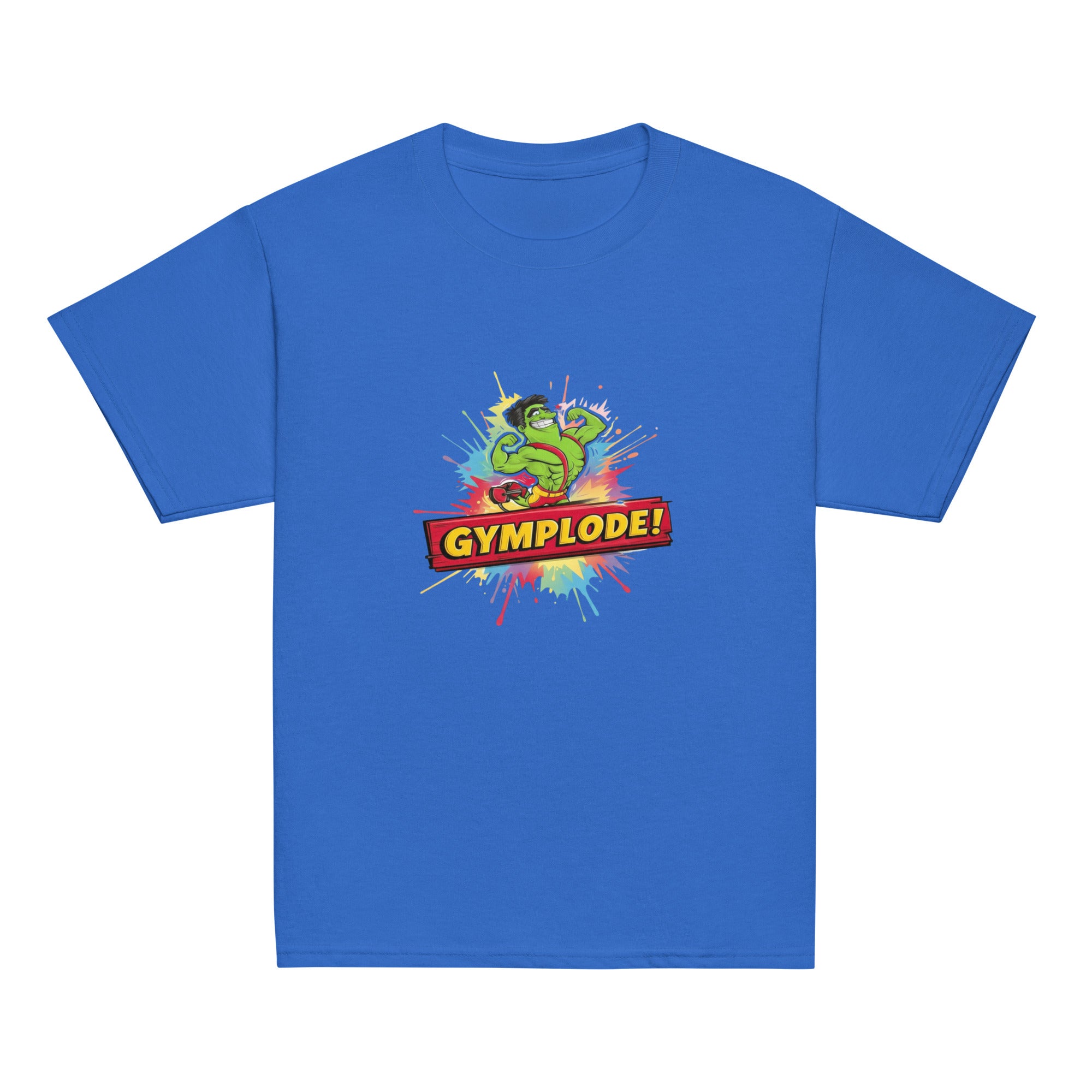 Youth unisex royal Gymplode t-shirt with signature logo, front view