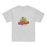 Youth unisex sport grey Gymplode t-shirt with signature logo, front view