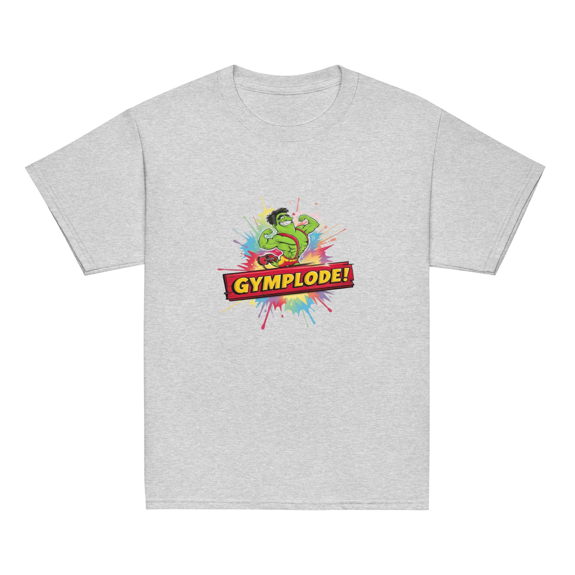 Youth unisex sport grey Gymplode t-shirt with signature logo, front view