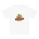 Youth unisex white Gymplode t-shirt with signature logo, front view