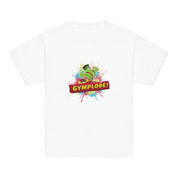 Youth unisex white Gymplode t-shirt with signature logo, front view
